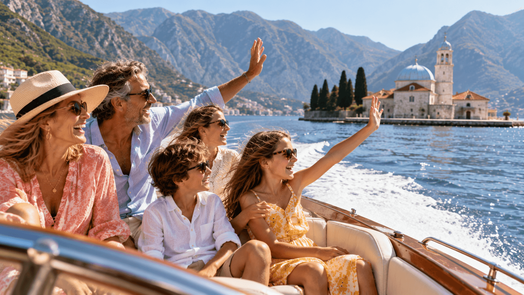 A family waving from a boat across the bay