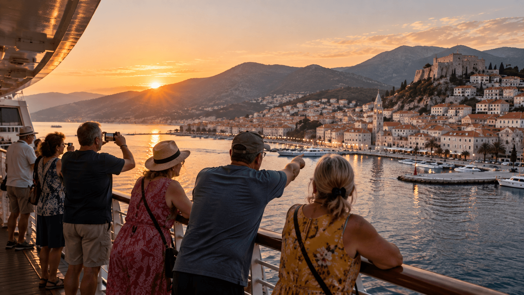 Travellers on deck watching the old town at sunset