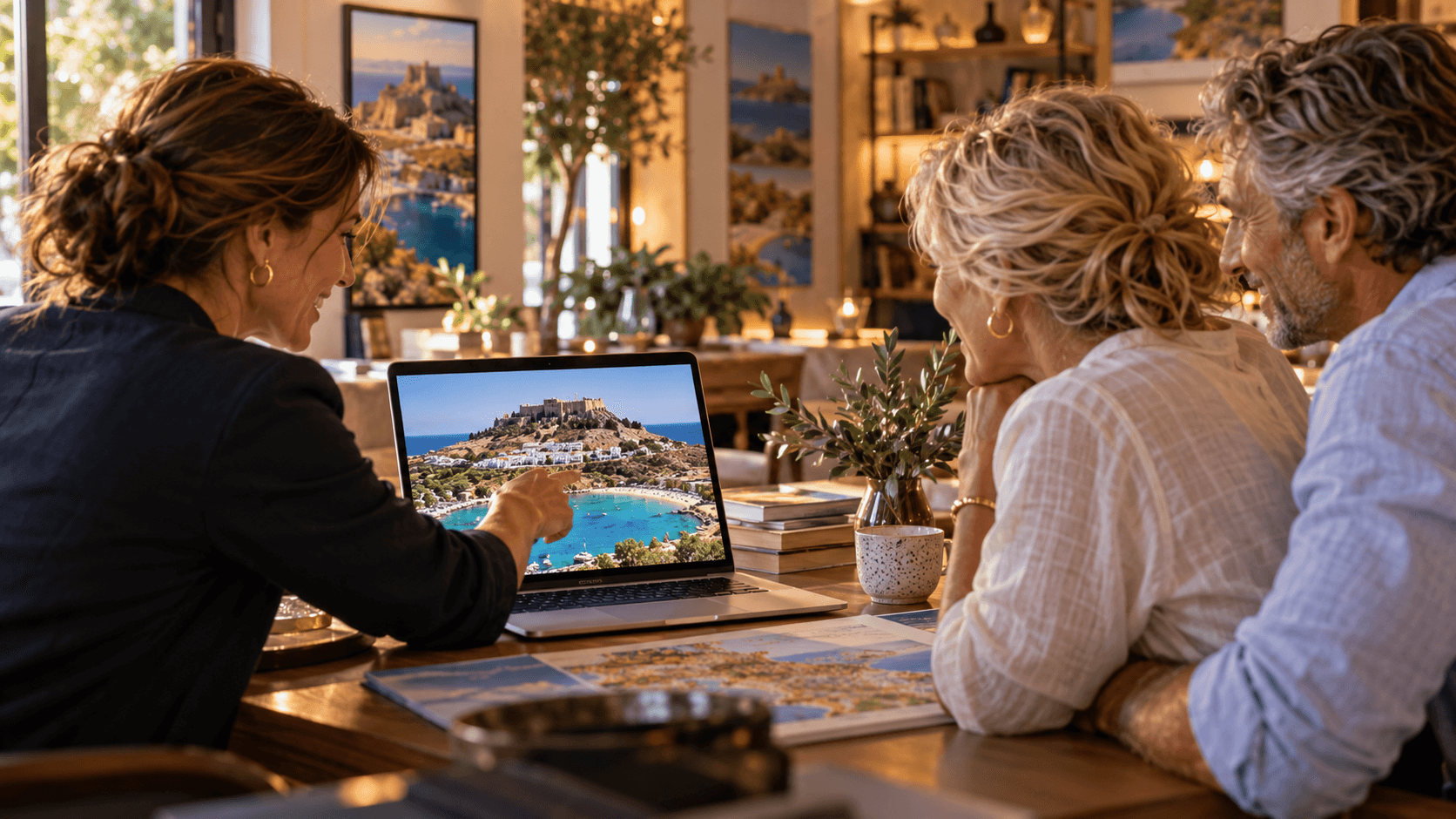 A travel agent showing a destination to two clients on a laptop